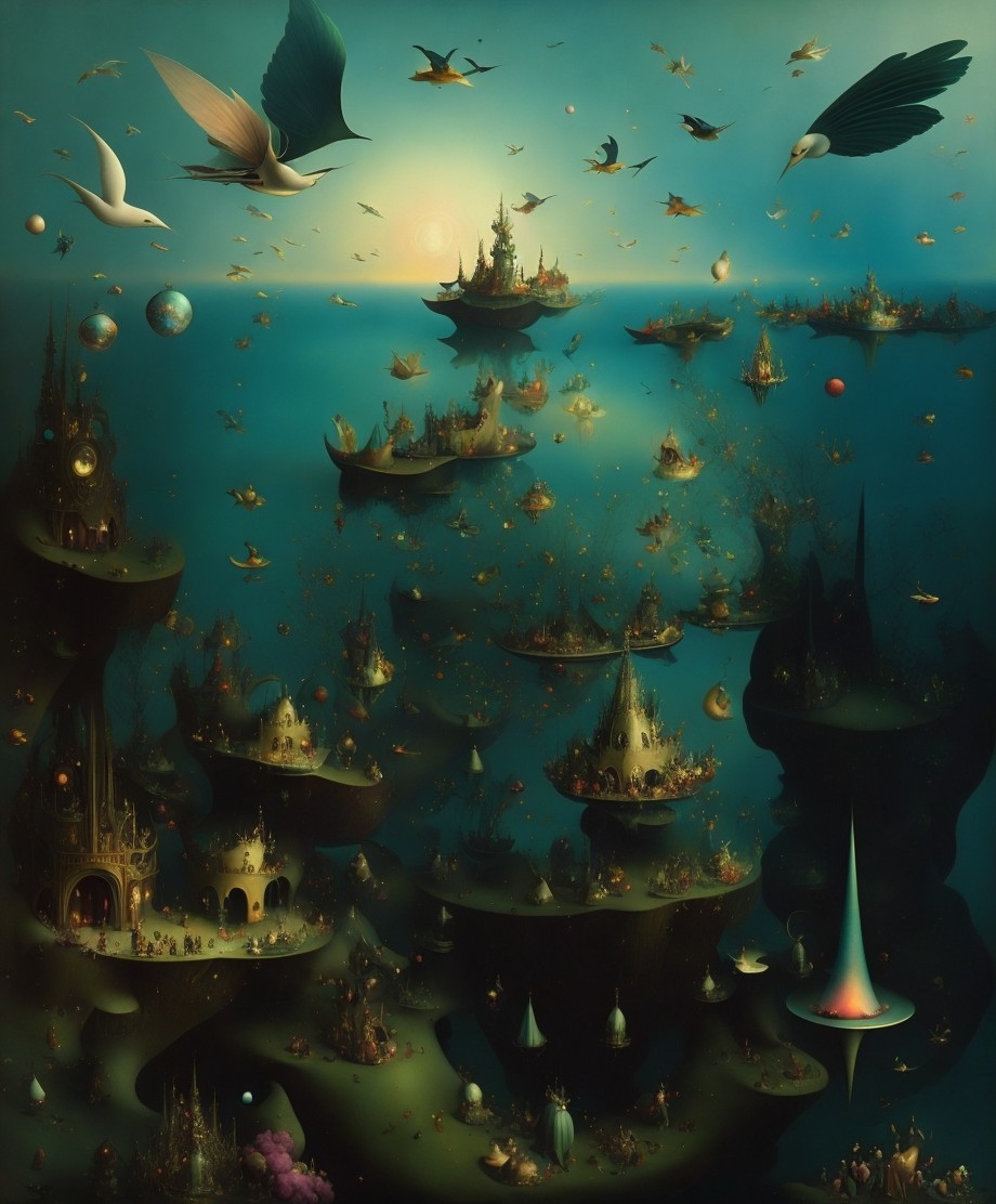 Surreal Landscape with Floating Islands and Castles