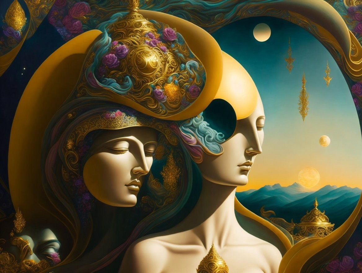 Ethereal Figures with Golden Headpieces in Vibrant Colors