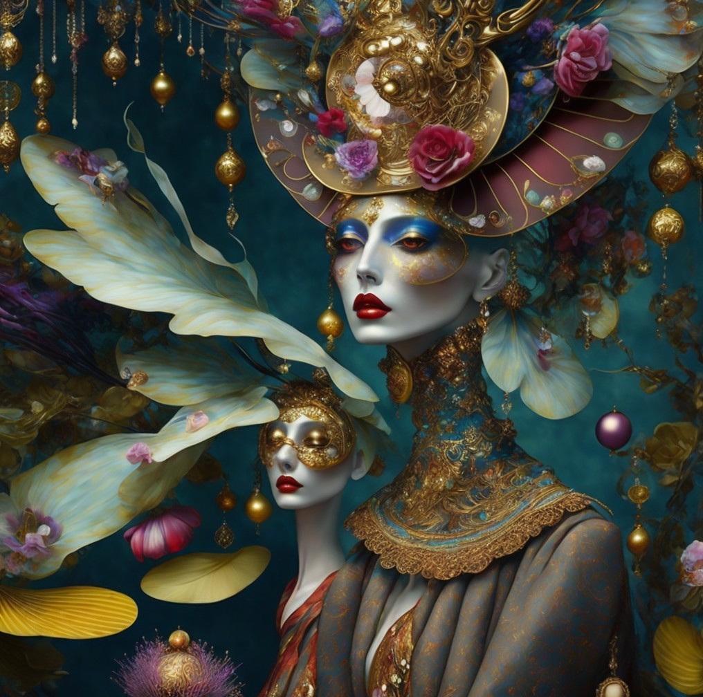 Surreal Portrait of Elegant Figures with Masks and Flowers