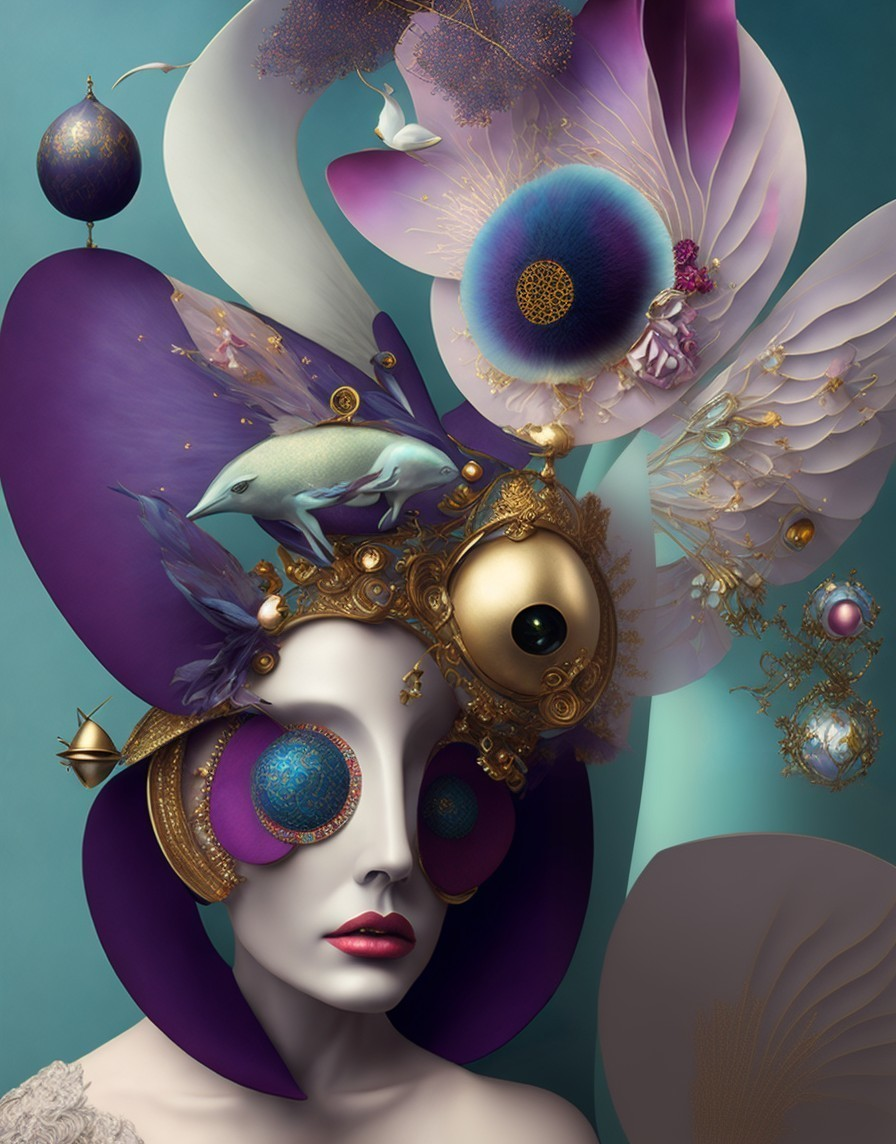 Surreal Figure with Ornate Floral Headpiece and Colors