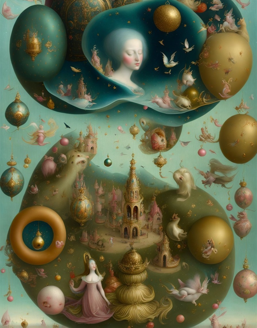 Surrealist Dreamscape with Ethereal Figures and Orbs