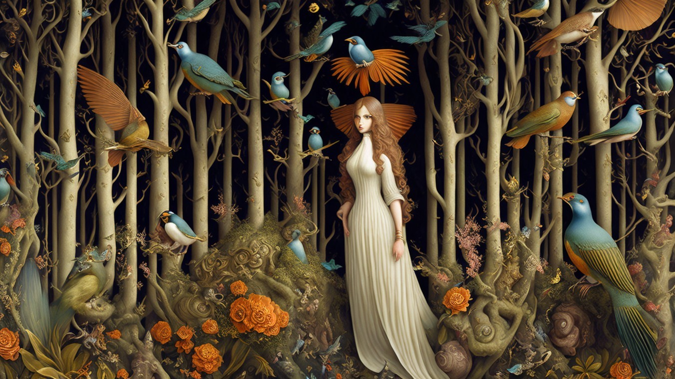 Enchanted Woman in White Dress in Mystical Forest