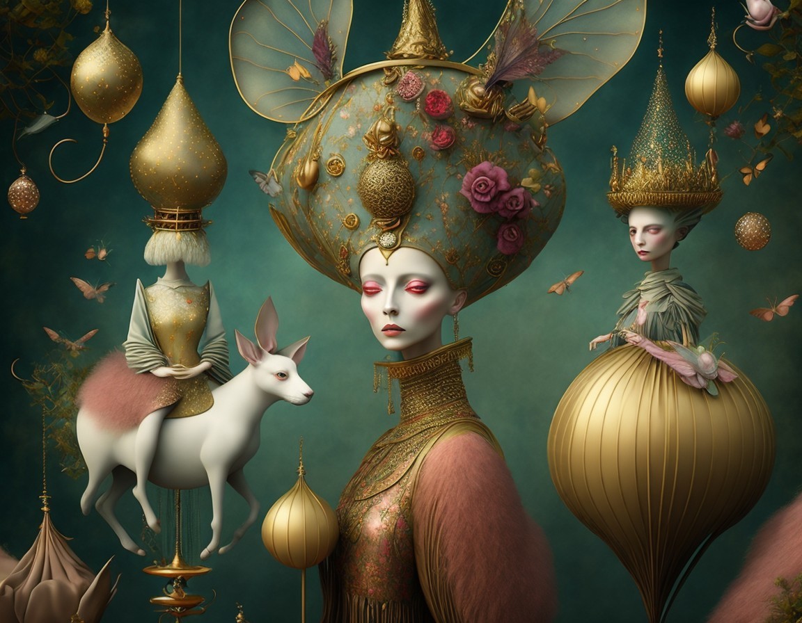 Surreal Figures with Ornate Headpieces and Butterflies