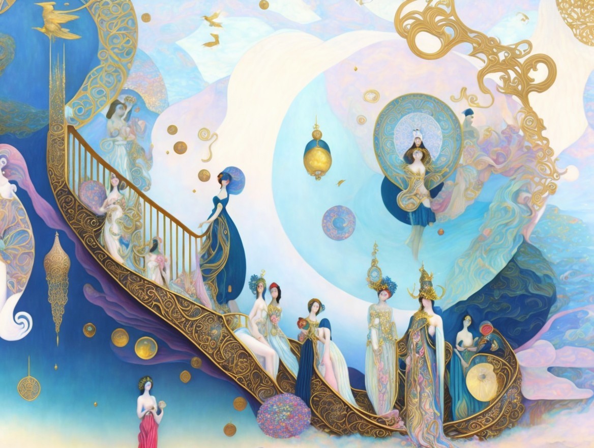 Mystical Scene of Women Ascending an Ornate Staircase