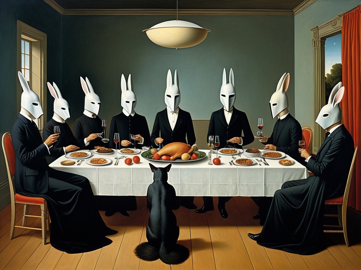 Surreal Dinner Scene with Rabbit-Masked Figures