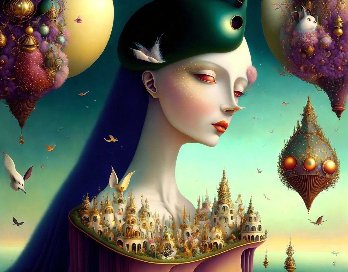 Surreal Artwork of Ethereal Figure with Cityscape Neck
