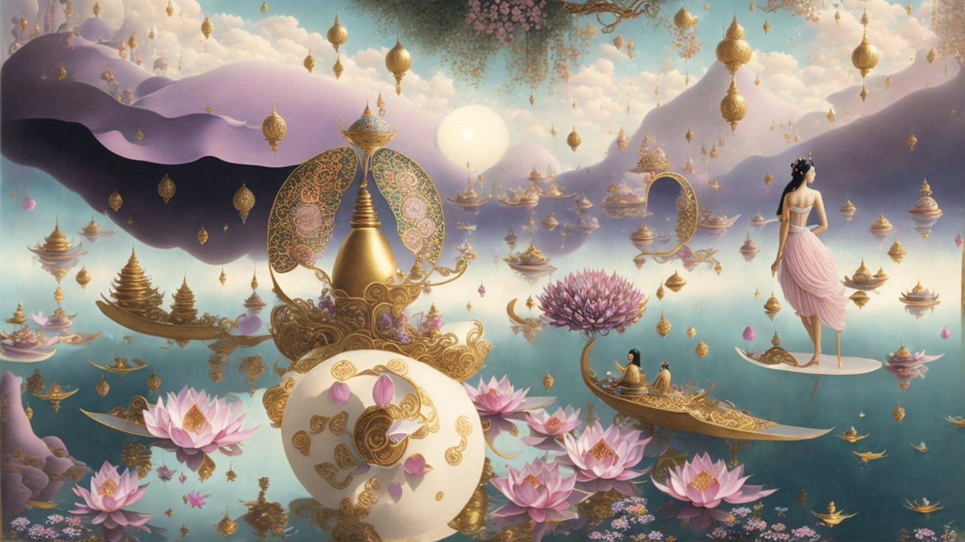 Fantastical Landscape with Floating Islands and Lotus Flowers