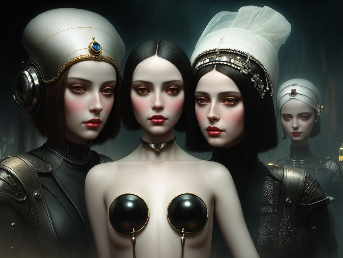 Stylized Figures Merging Futuristic and Historical Elements