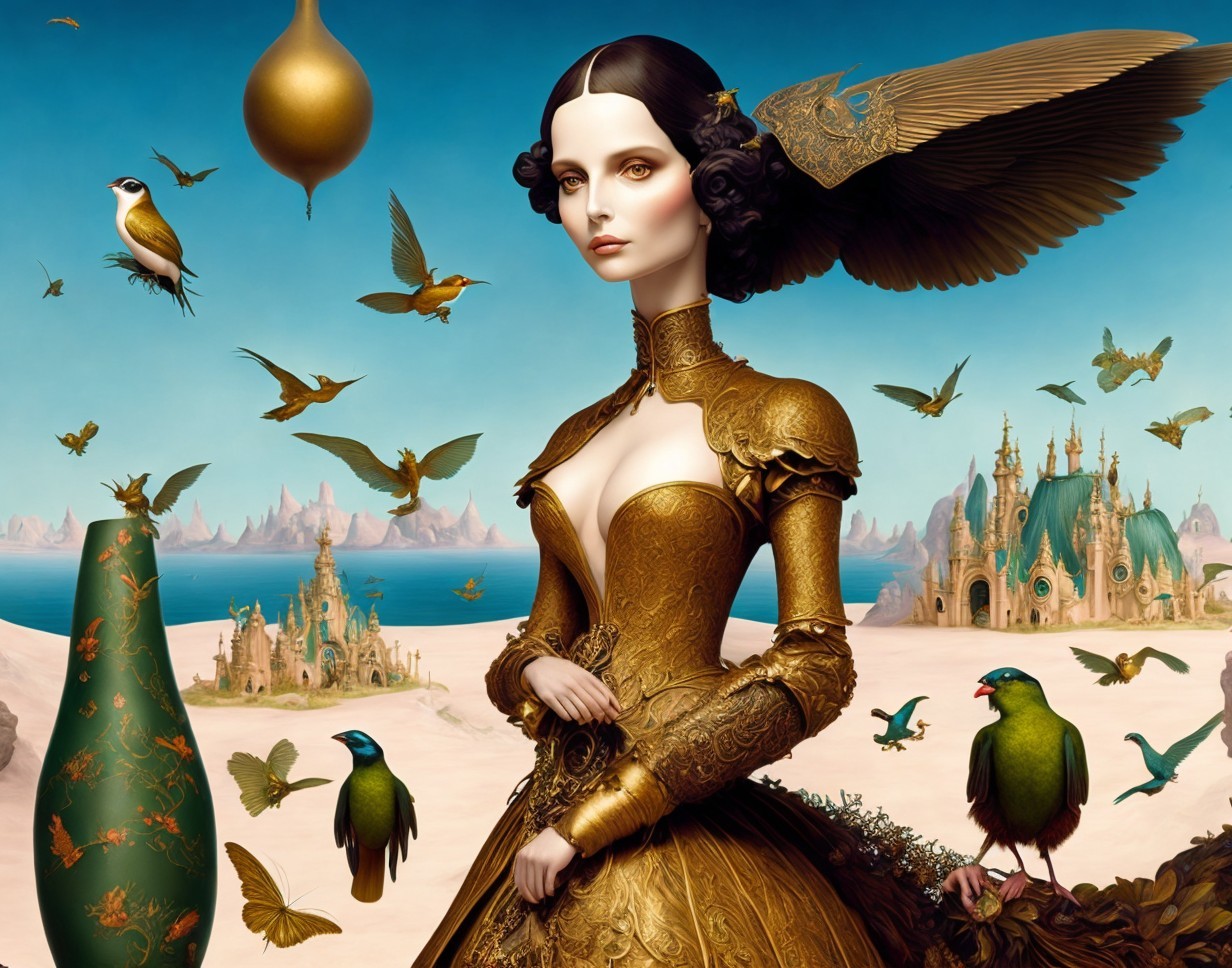 Woman in Golden Dress in Surreal Landscape Scene