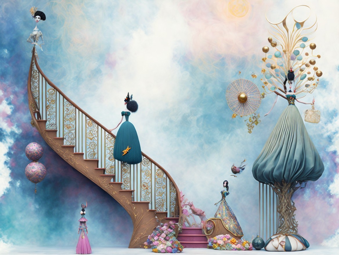 Whimsical Characters on Lavish Staircase with Celestial Backdrop