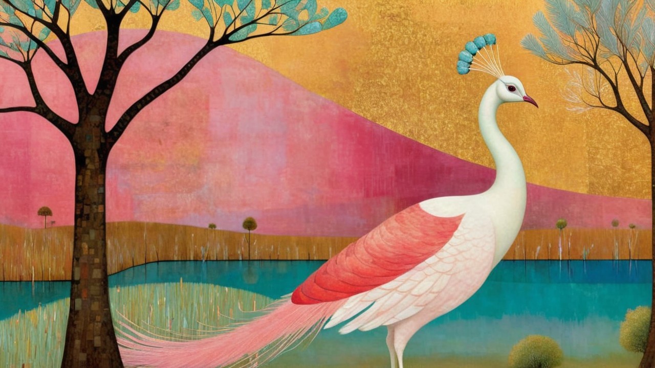 Serene White Peacock in a Whimsical Landscape