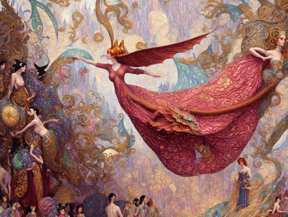 Vibrant Scene of Ethereal Figures in Colorful Dresses