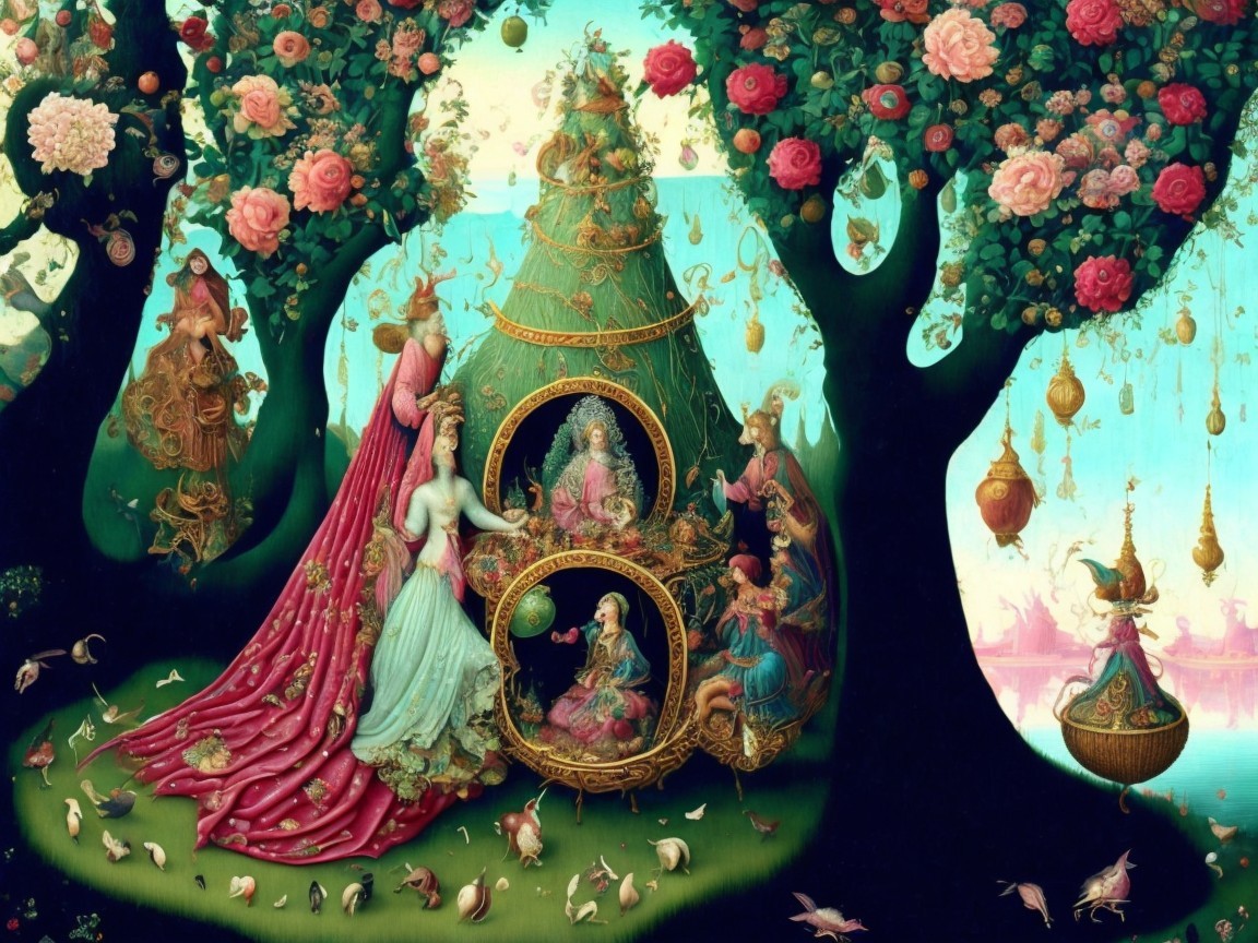 Vibrant Garden Scene with Elegant Figures and Animals