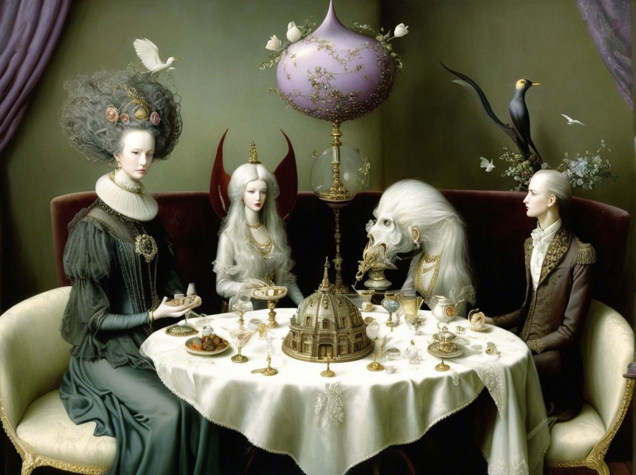Elegant Figures at Ornate Table with Surreal Decor