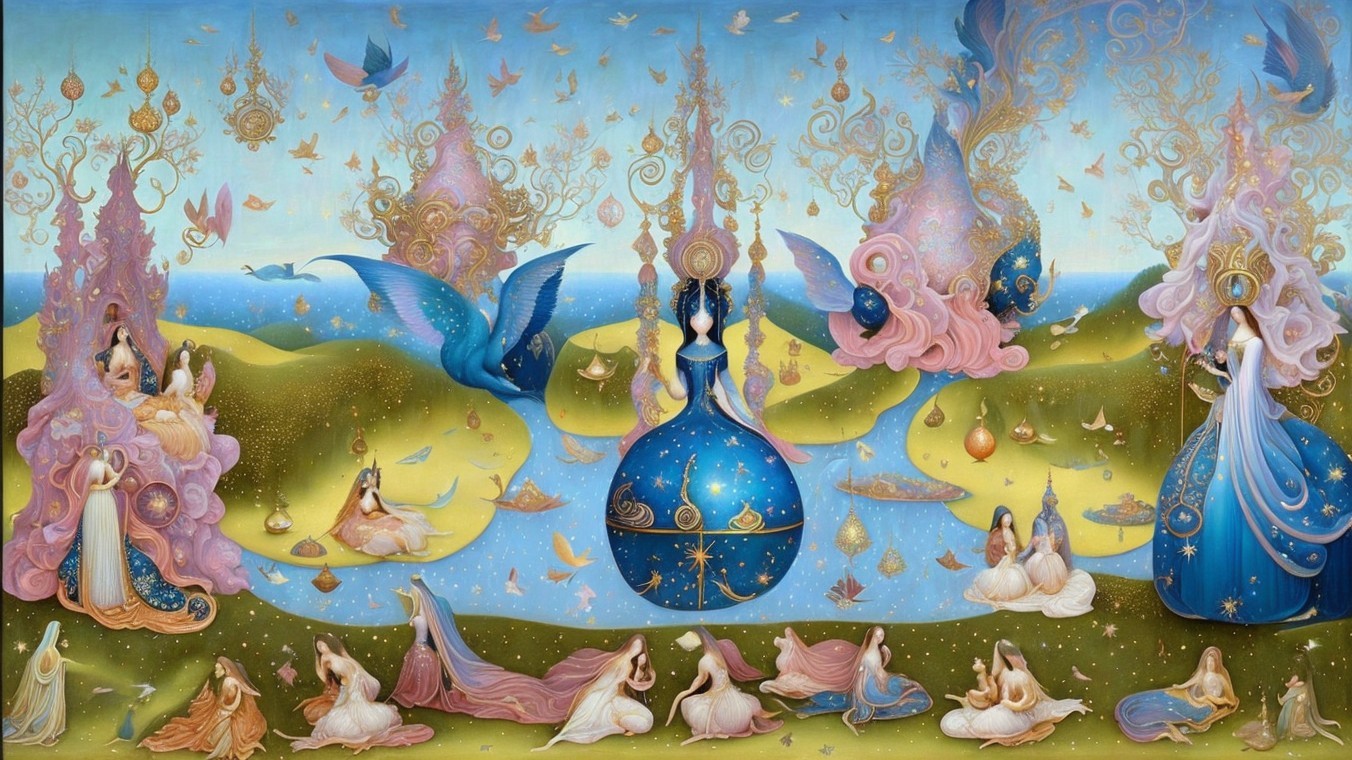 Dreamlike Landscape with Ethereal Figures and Nature