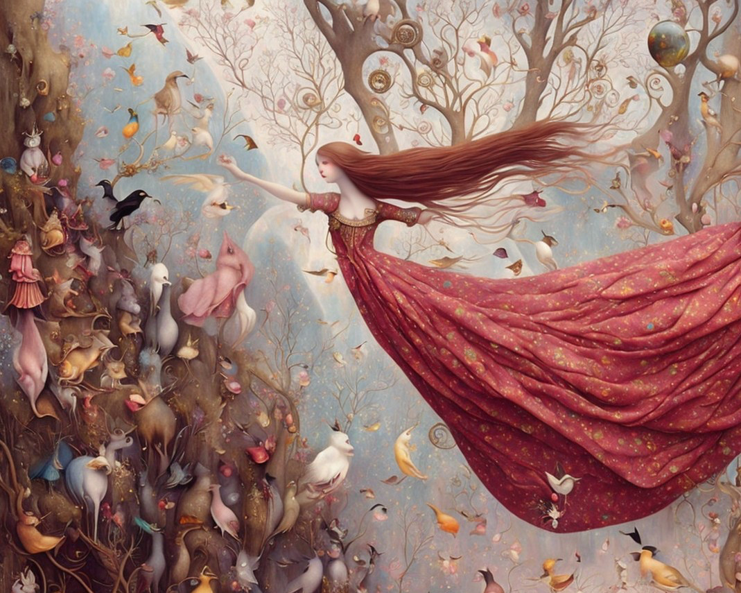 Long-haired woman in red dress among forest animals