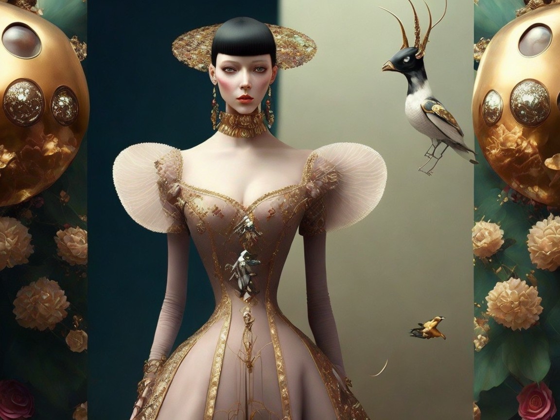 Elegant character in lavish gown with gold detailing