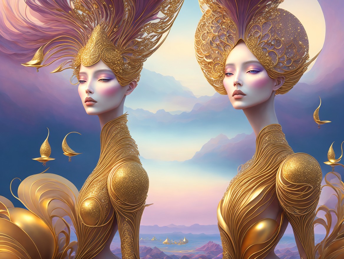 Ethereal Figures in Golden Attire Against Pastel Mountains
