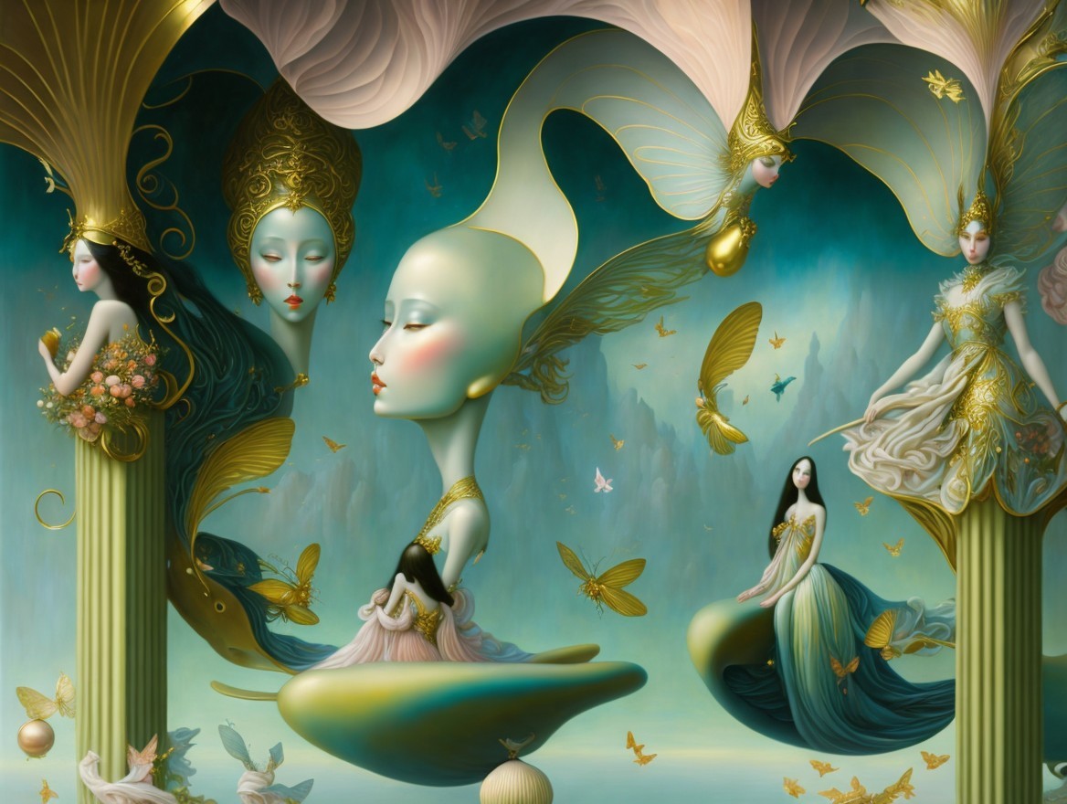 Ethereal Figures in Dreamlike Pastel Landscape
