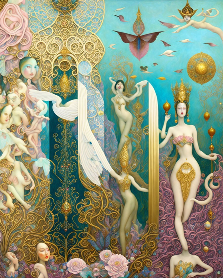 Surreal tableau of ethereal figures and vibrant colors