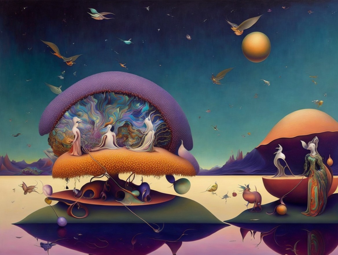 Surreal Landscape with Whimsical Figures and Flora