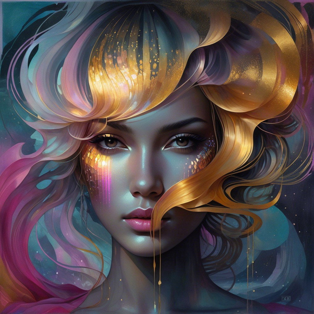 Portrait of a Woman with Vibrant Hair and Abstract Patterns