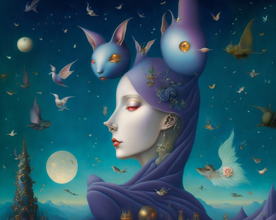 Surreal Artwork of Woman in Purple with Dreamy Night Sky