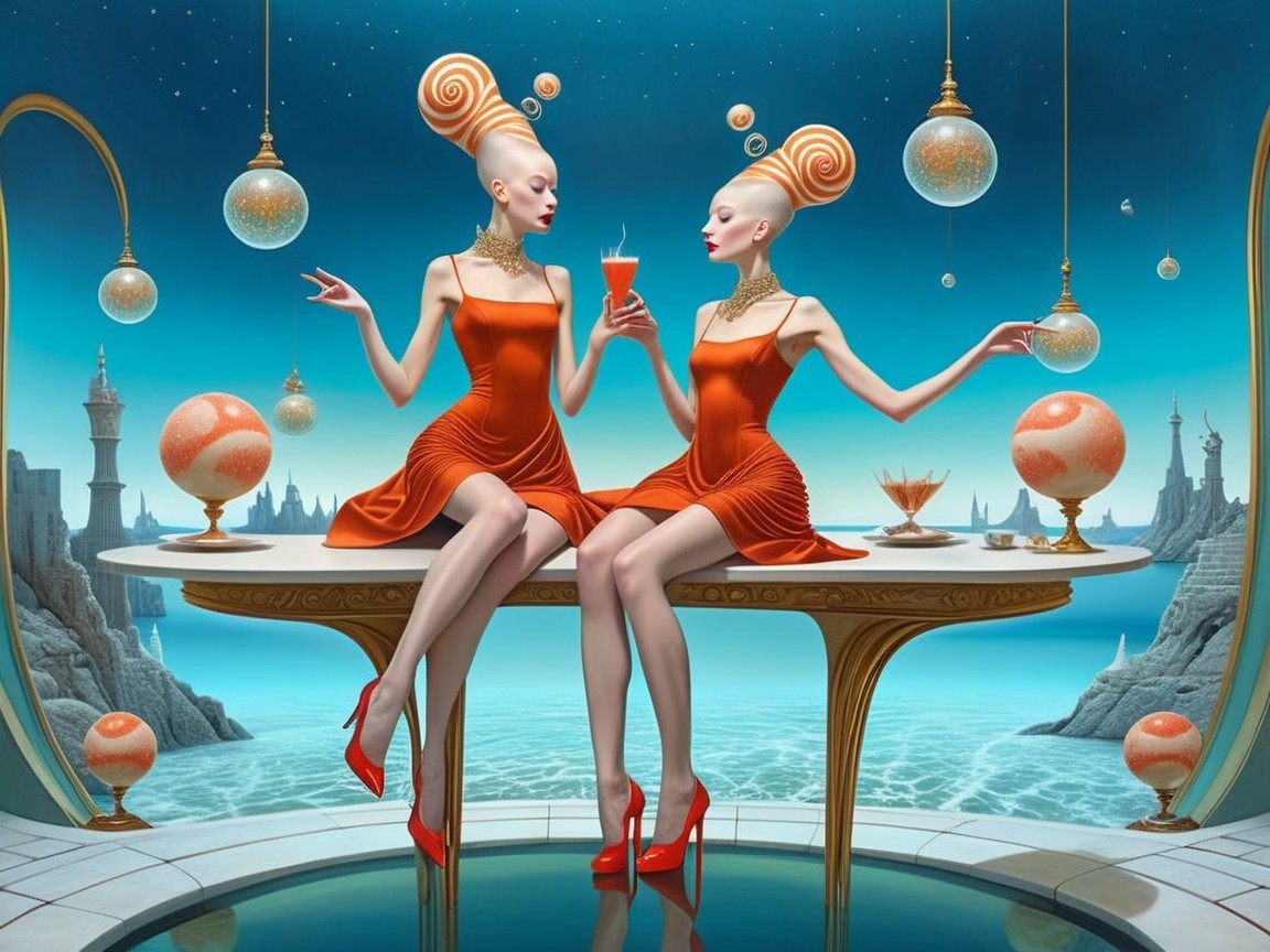Surreal Scene of Two Figures in Futuristic Setting