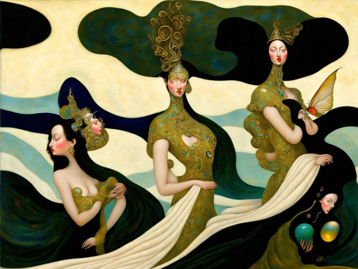 Surreal Painting of Four Elegant Women in Gold Garments