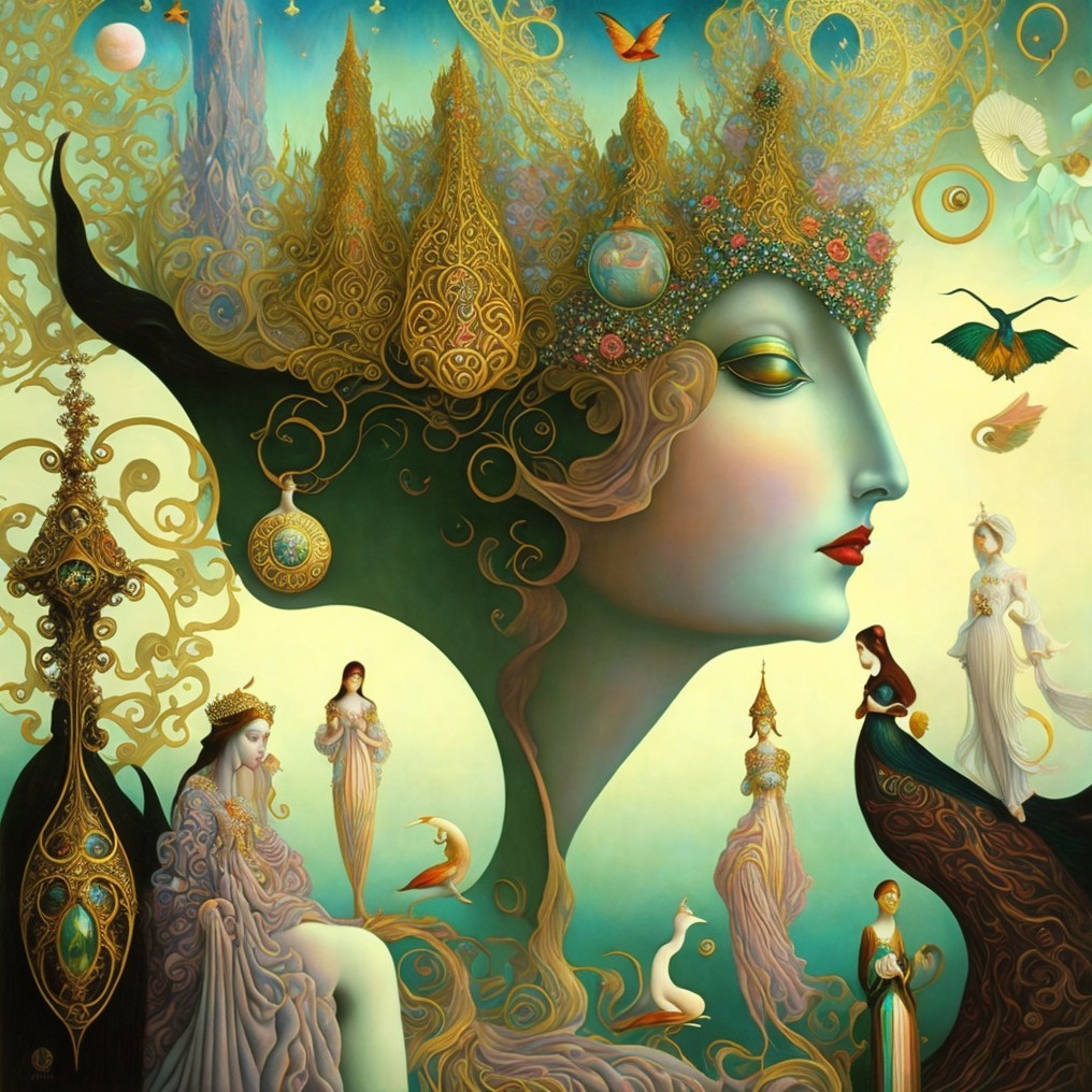 Ethereal Figure in Dreamlike Landscape with Surreal Elements