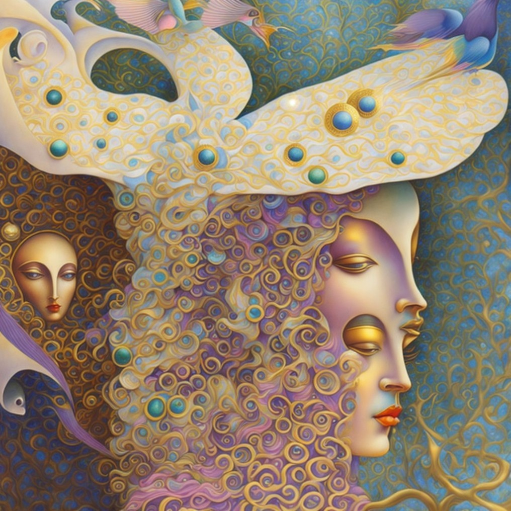 Surreal Composition with Flowing Hair and Ethereal Faces