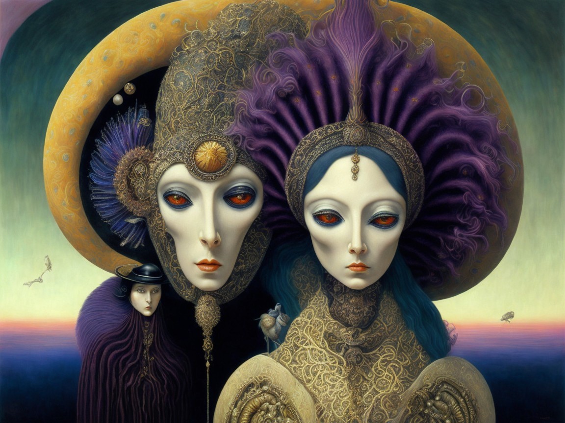 Three Enigmatic Figures with Intricate Attire and Eyes