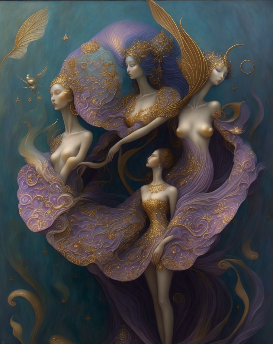 Ethereal Figures with Flowing Hair and Garments