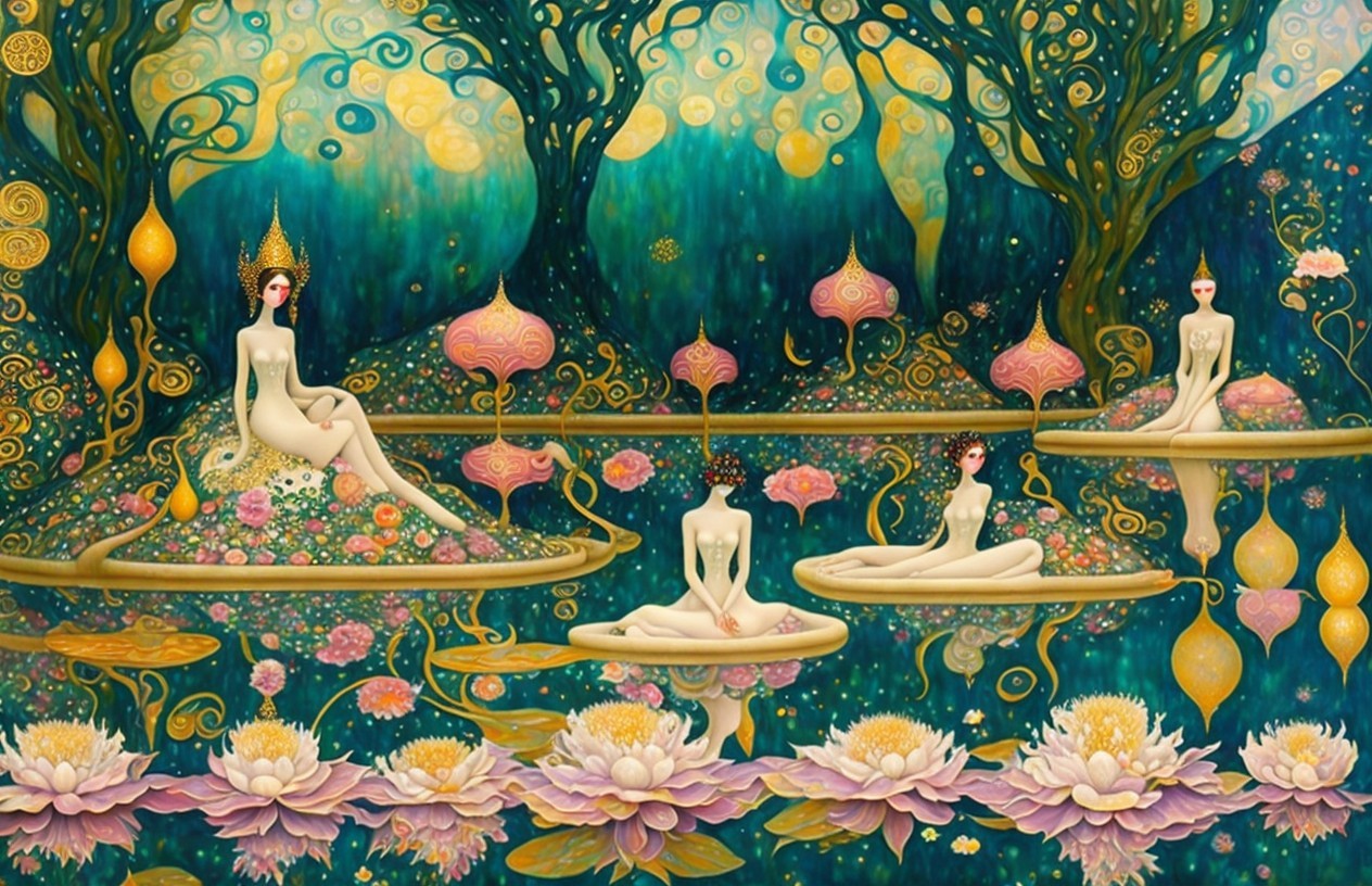 Surreal Landscape with Ethereal Figures and Lotus Blossoms