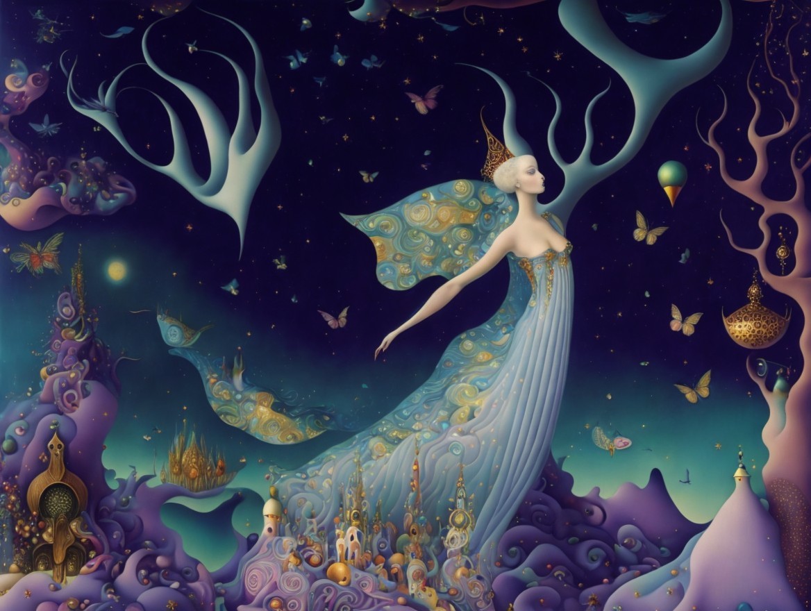 Ethereal Figure in Dreamlike Starry Landscape