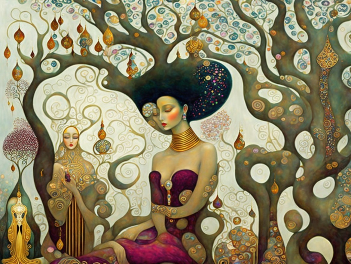 Enchanting Scene with Intricate Trees and Elegant Figures