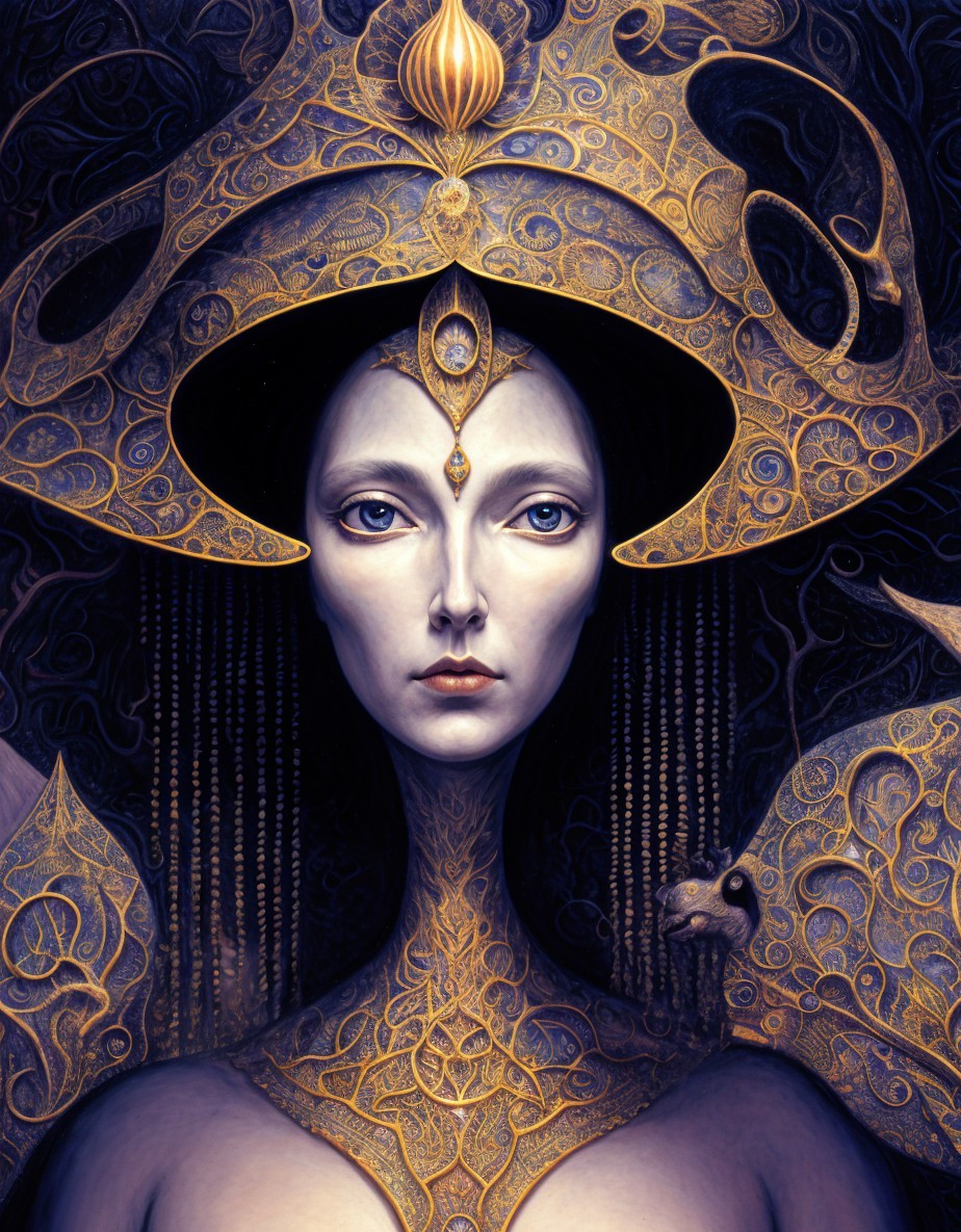Mystical figure with ornate headgear and serene expression