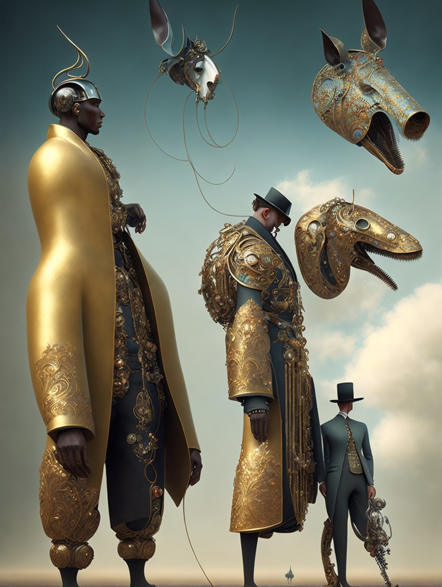 Elegantly Dressed Figures with Surreal Animal Heads
