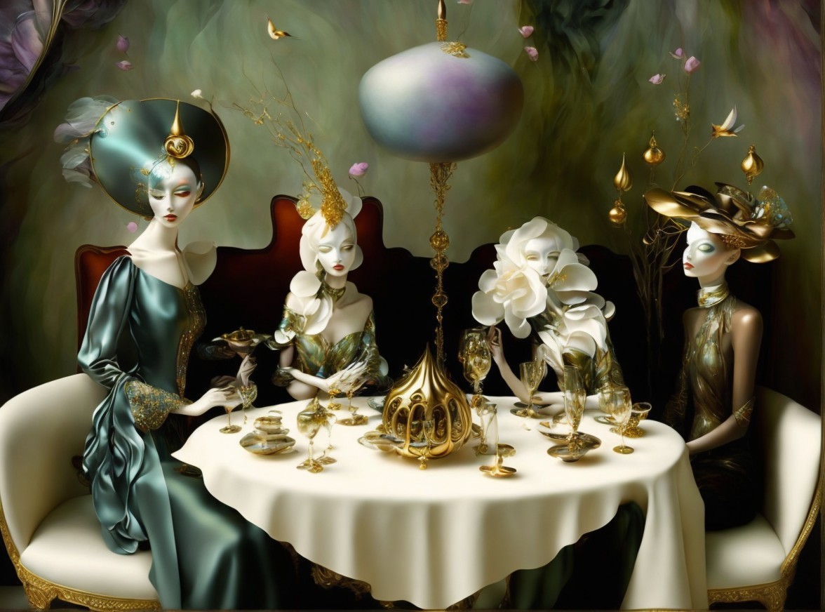 Elegant Figures at a Lavish Table in Surreal Setting