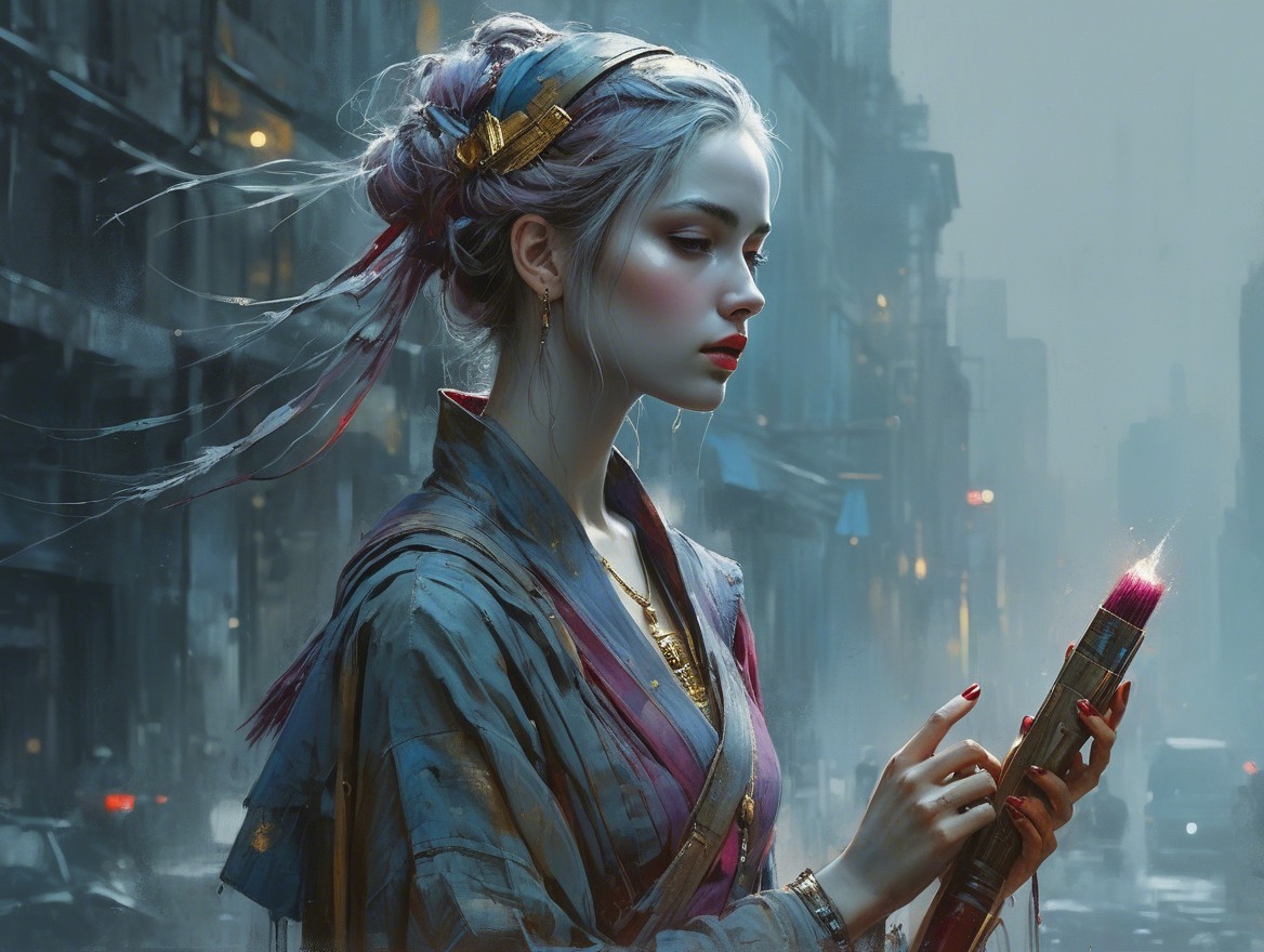 Young Woman in Misty Urban Landscape with Paintbrush