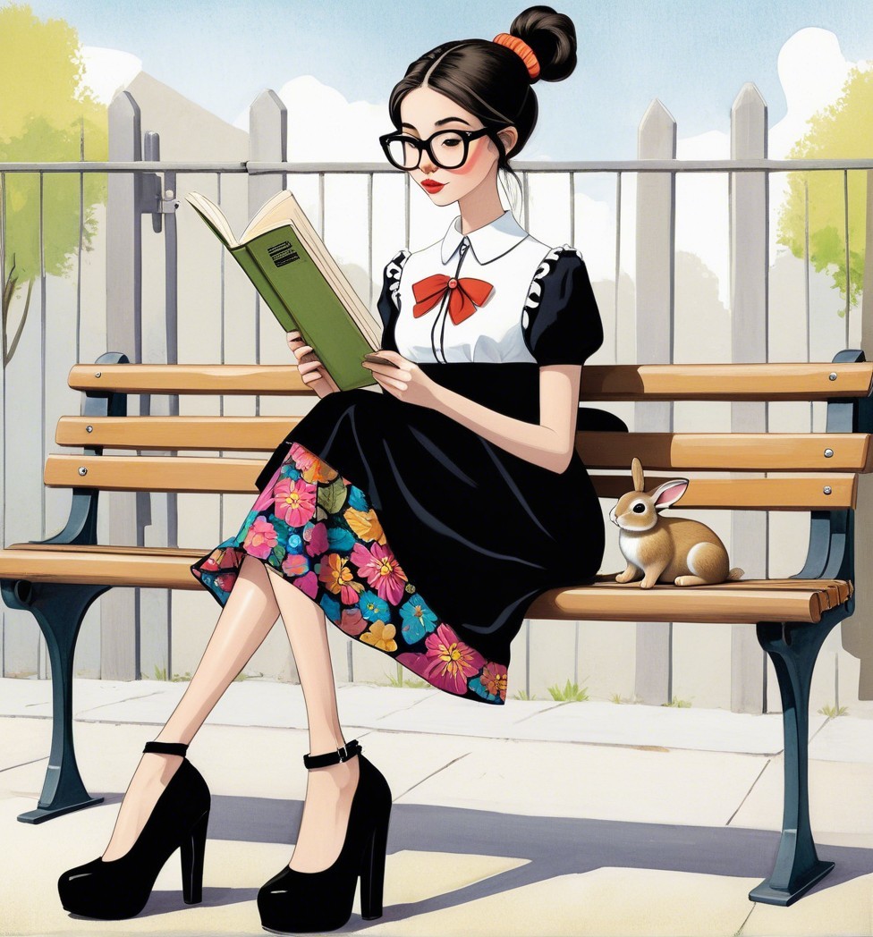 Young Woman Reading on Park Bench with Rabbit Nearby