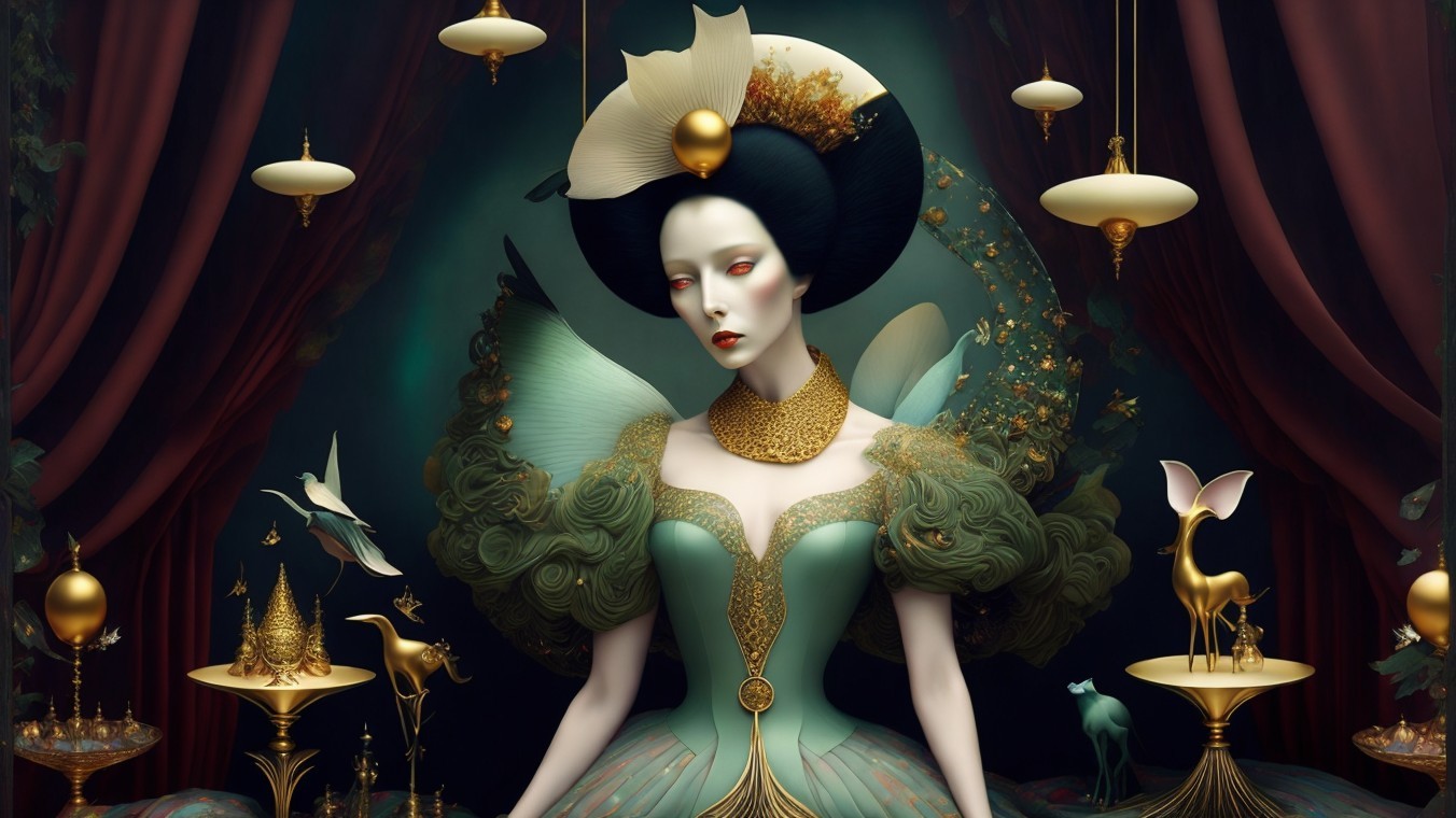 Elegant figure in intricate green and gold gown