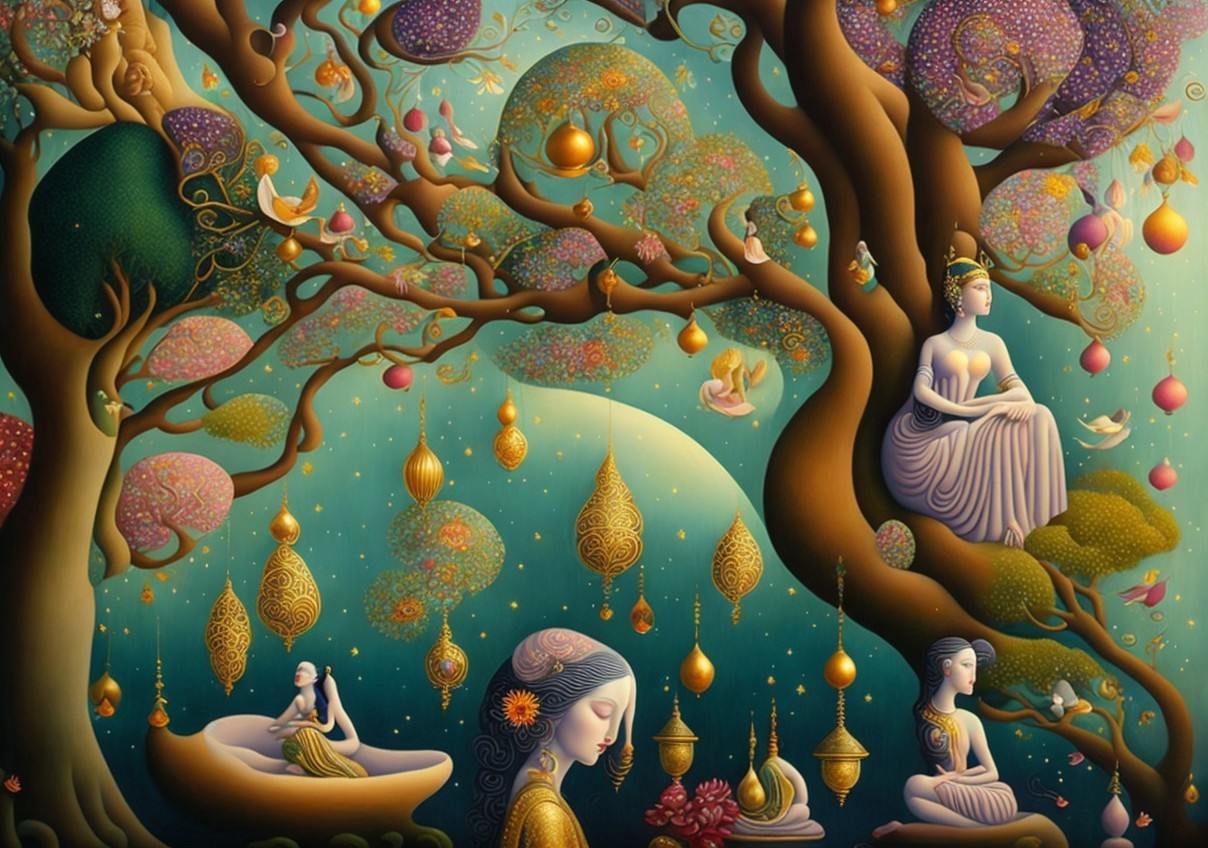 Ethereal Buddhas and Women in a Tranquil Landscape