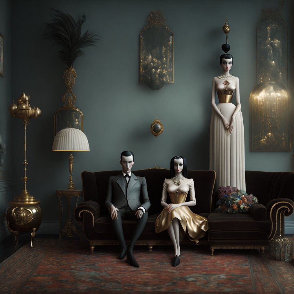 Surreal Interior with Well-Dressed Couple and Decor