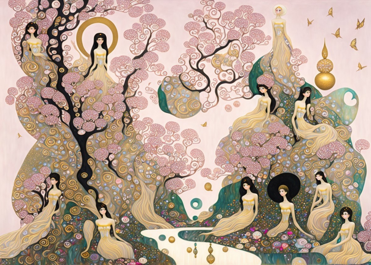 Dreamlike Landscape with Ethereal Figures and Trees