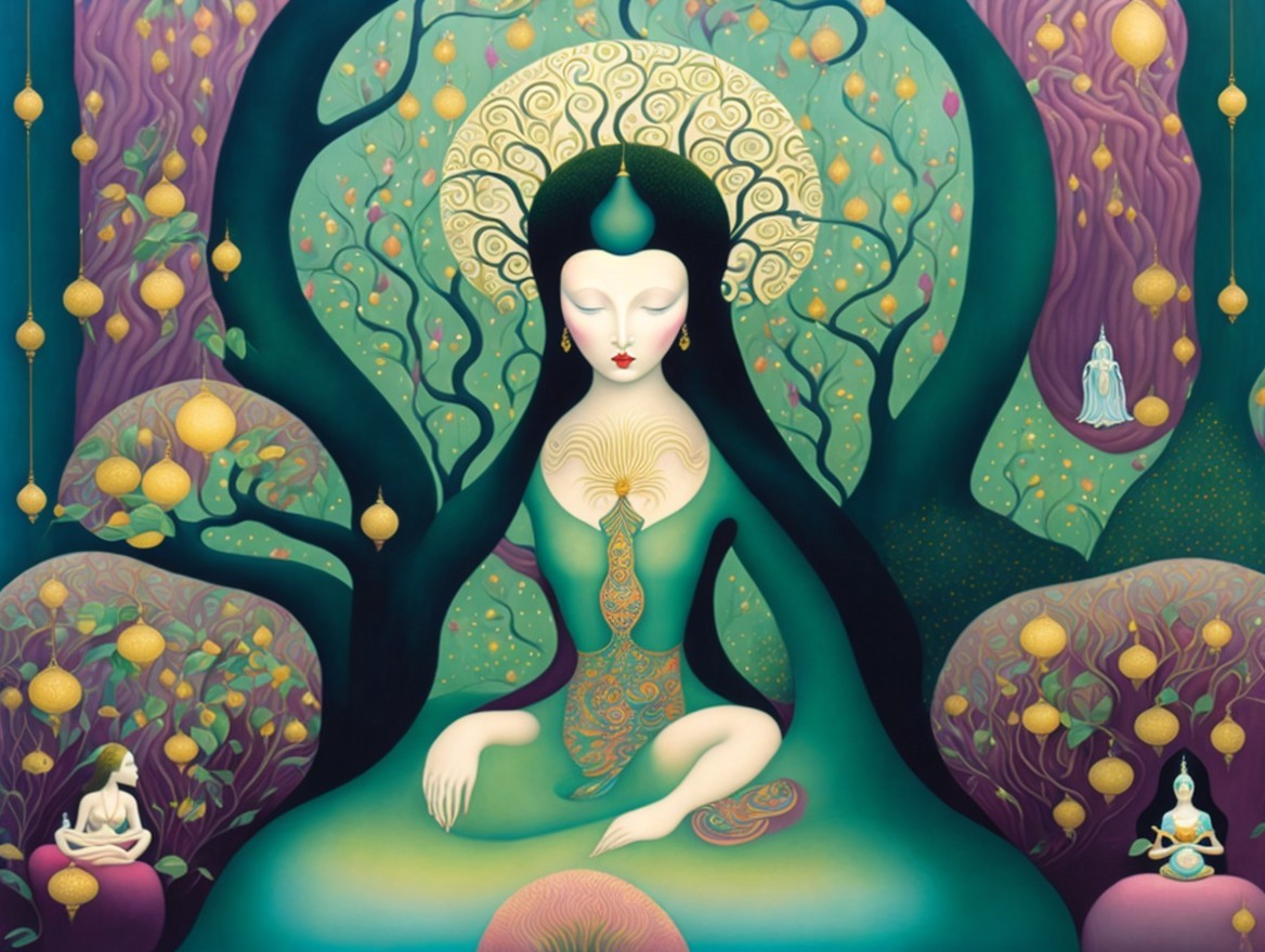 Serene Figure Surrounded by Lush Foliage and Orbs