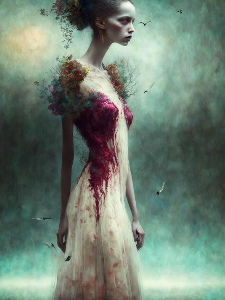 Slender Figure in Floral Gown with Misty Backdrop