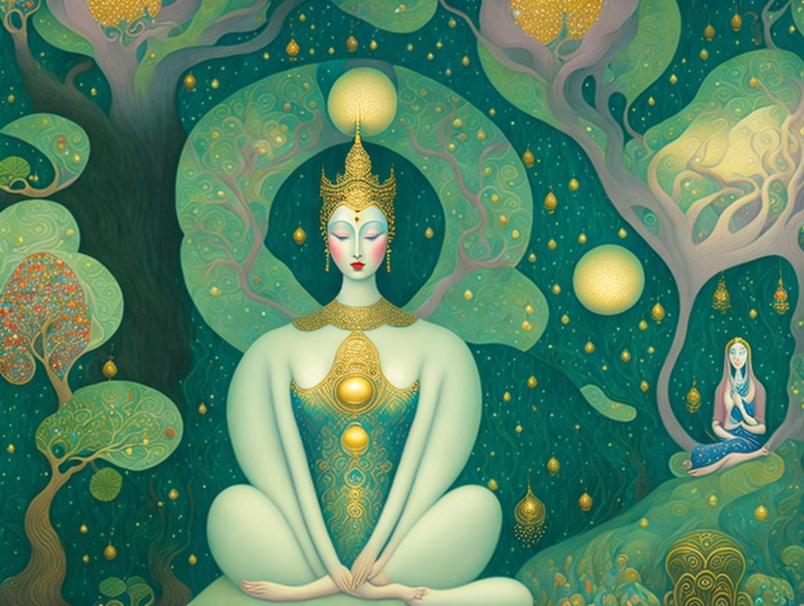 Meditative Scene with Serene Figures and Lush Nature