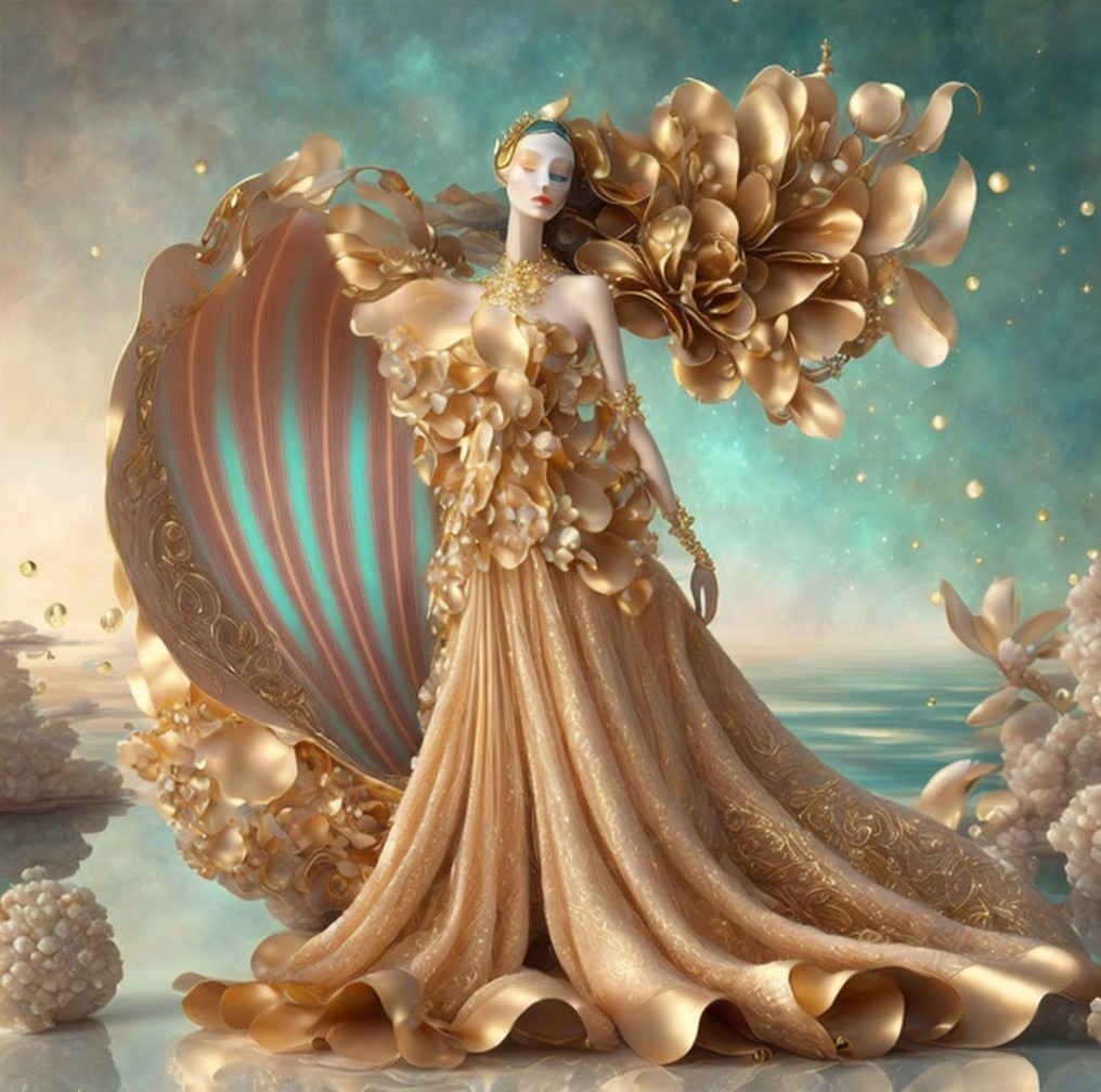 Elegant figure in flowing gown with floral embellishments