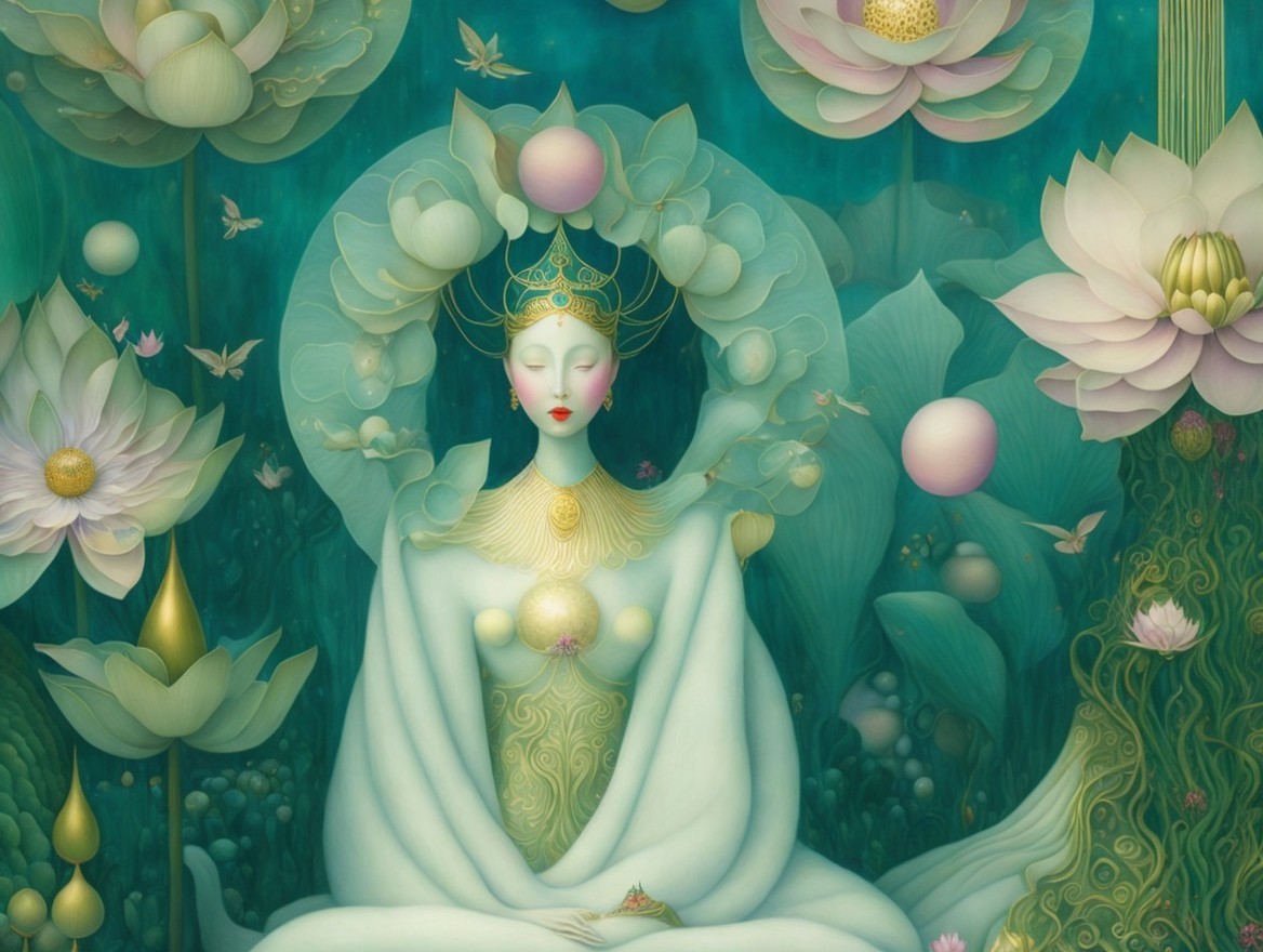 Serene figure in lush greenery and lotus flowers